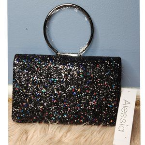 NWT ALESSIA Black & Metallic Glitter Box w/ Black Trim Clutch W/Round Handle